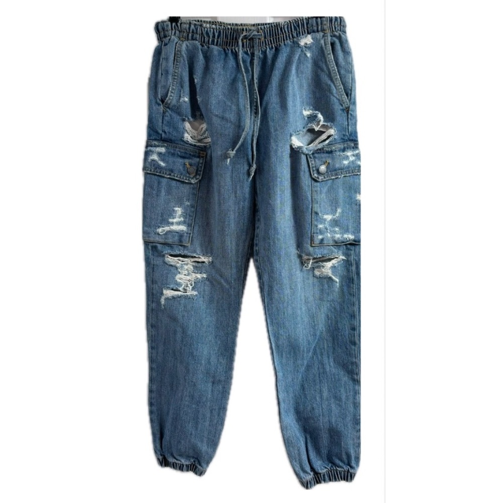 Women’s CARMAR Blue denim Distressed ripped Jeans, elastic waist